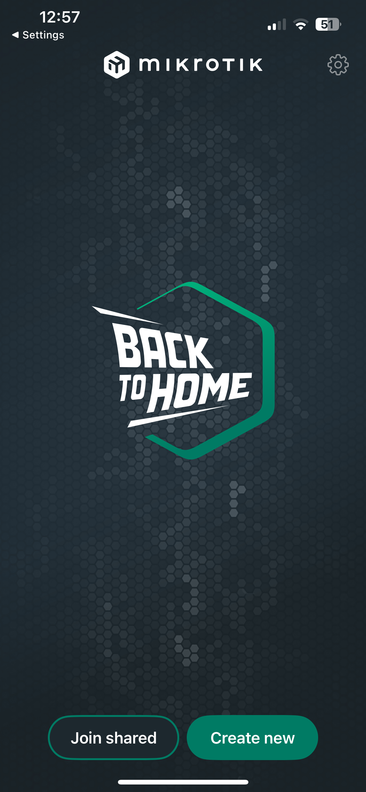 Back To Home app start screen with the Create new button