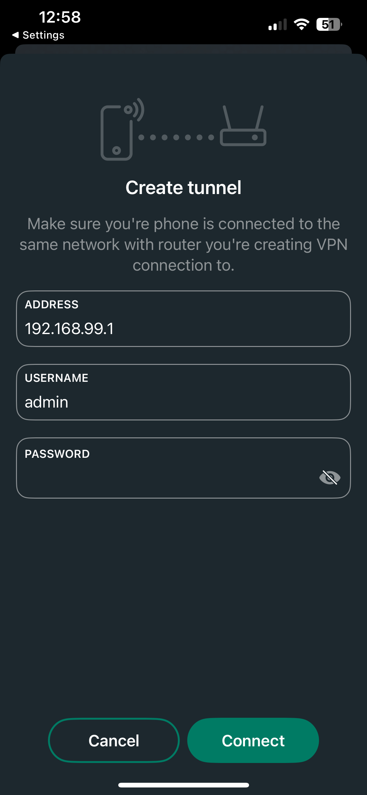 Create tunnel screen with the router address, user name and password fields