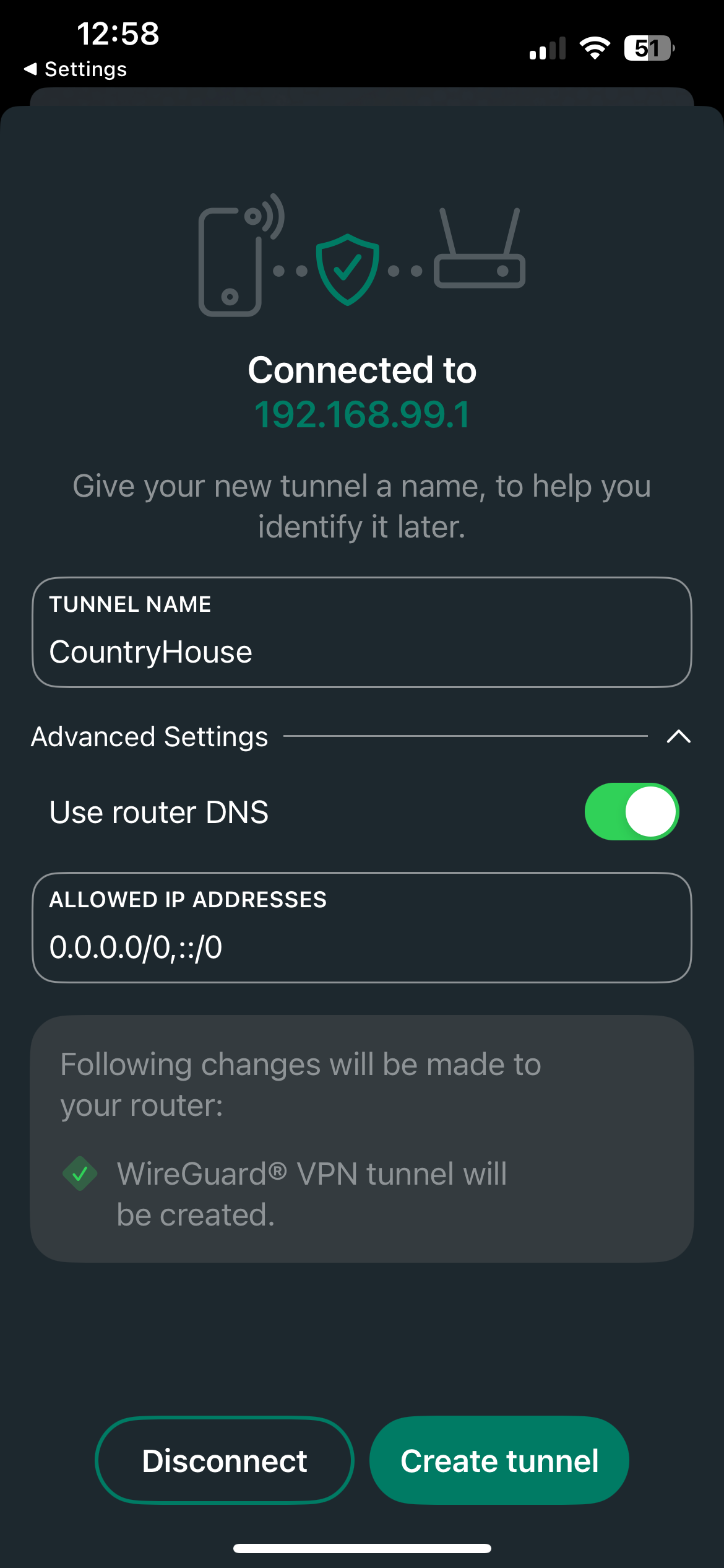 App connected to the router and asking for a tunnel name