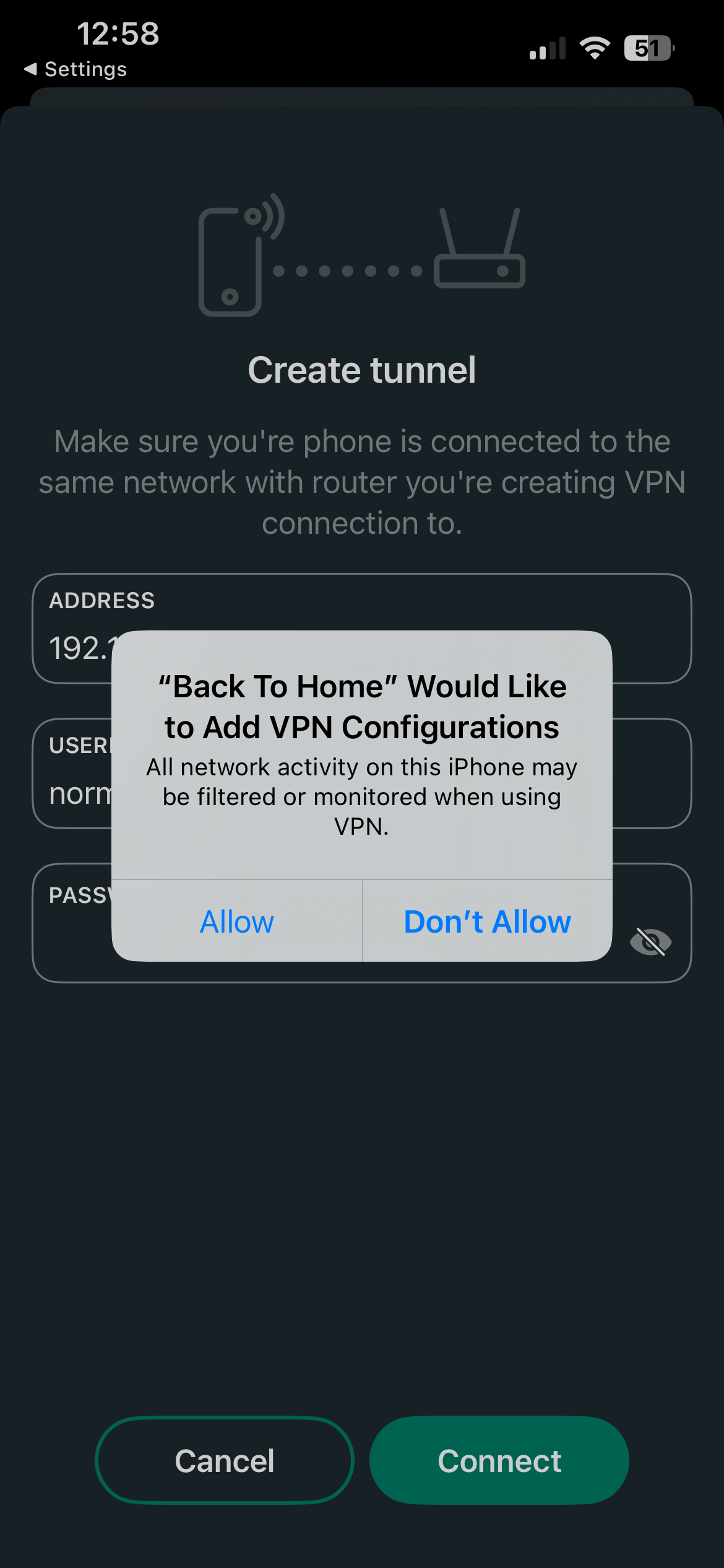 Phone asking for permission to add the VPN configuration