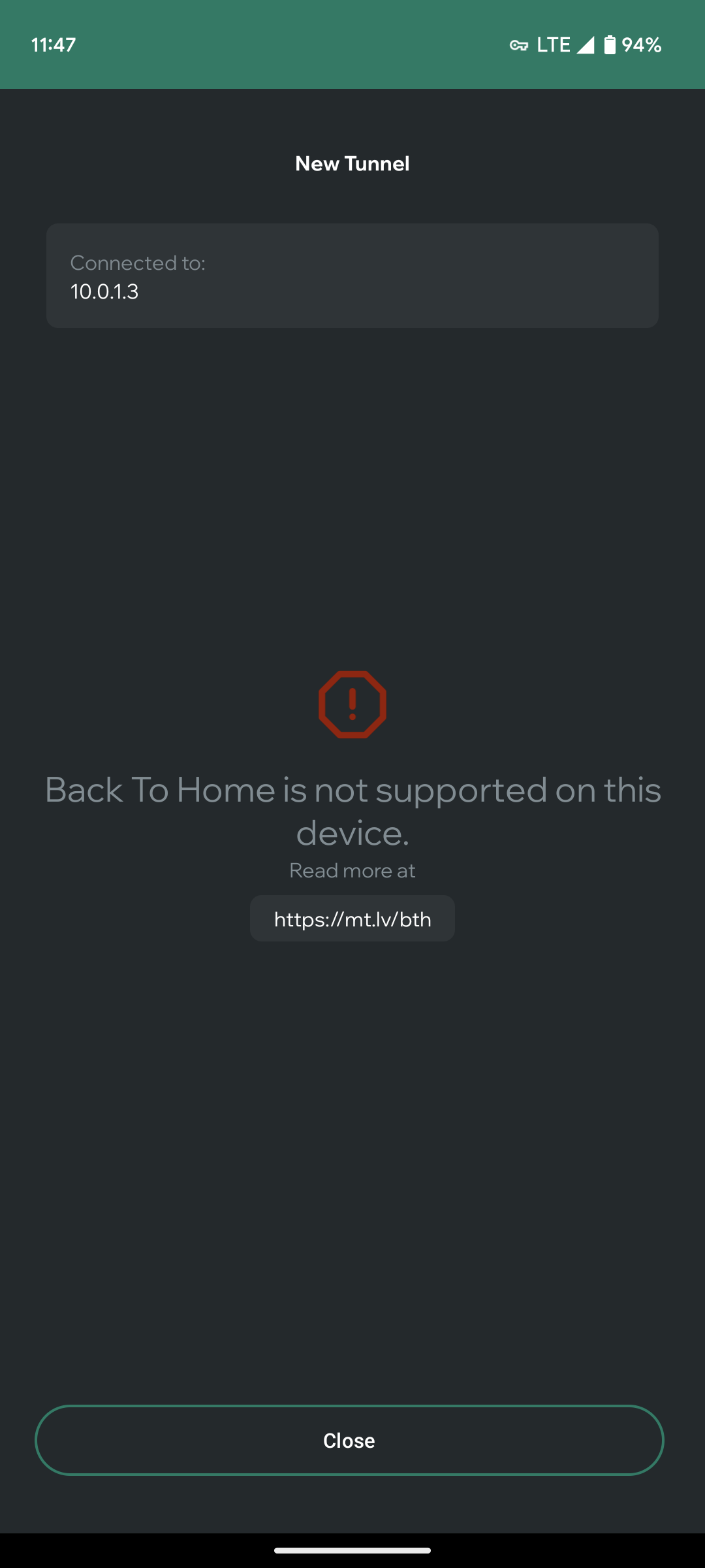 Error message saying Back To Home is not supported on this device