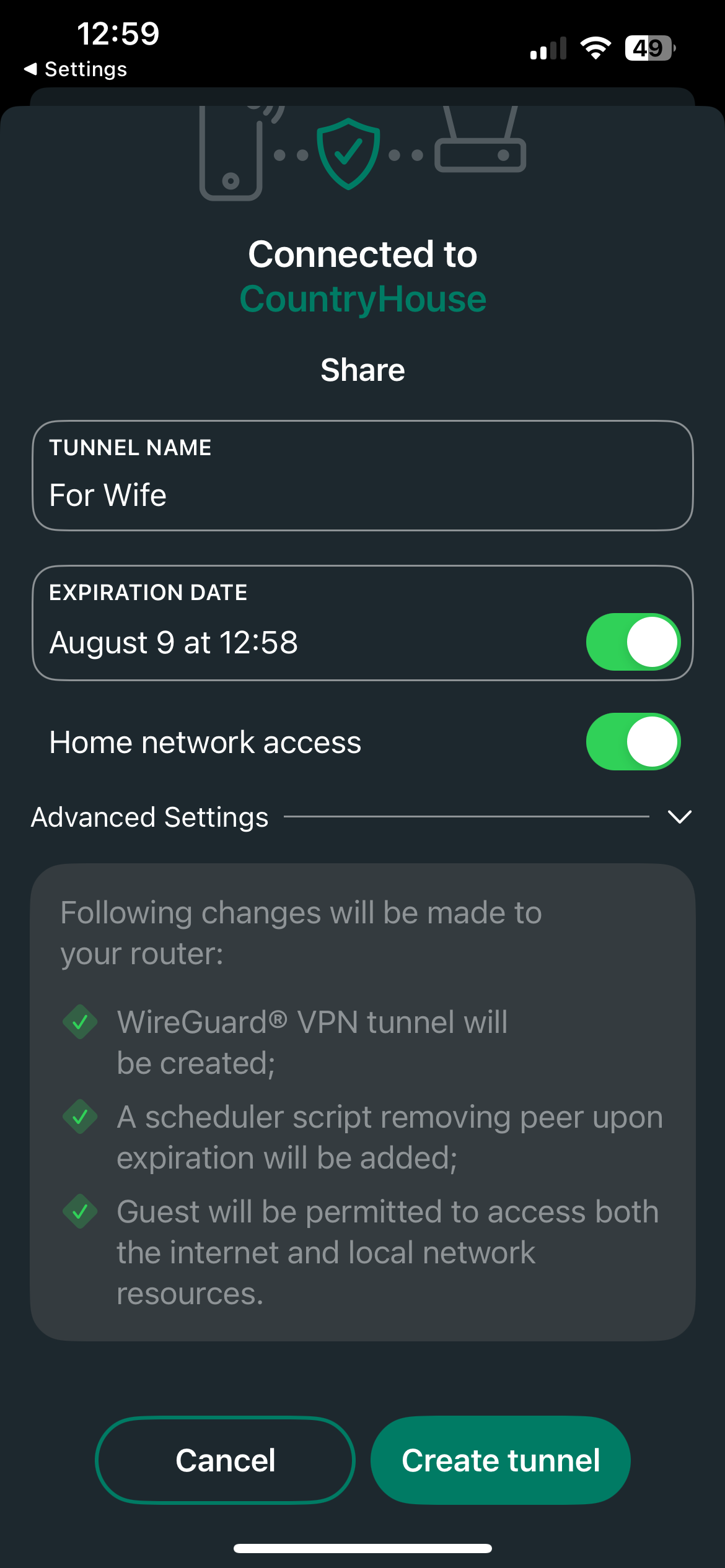Share form with a tunnel name, an expiration date and home network access