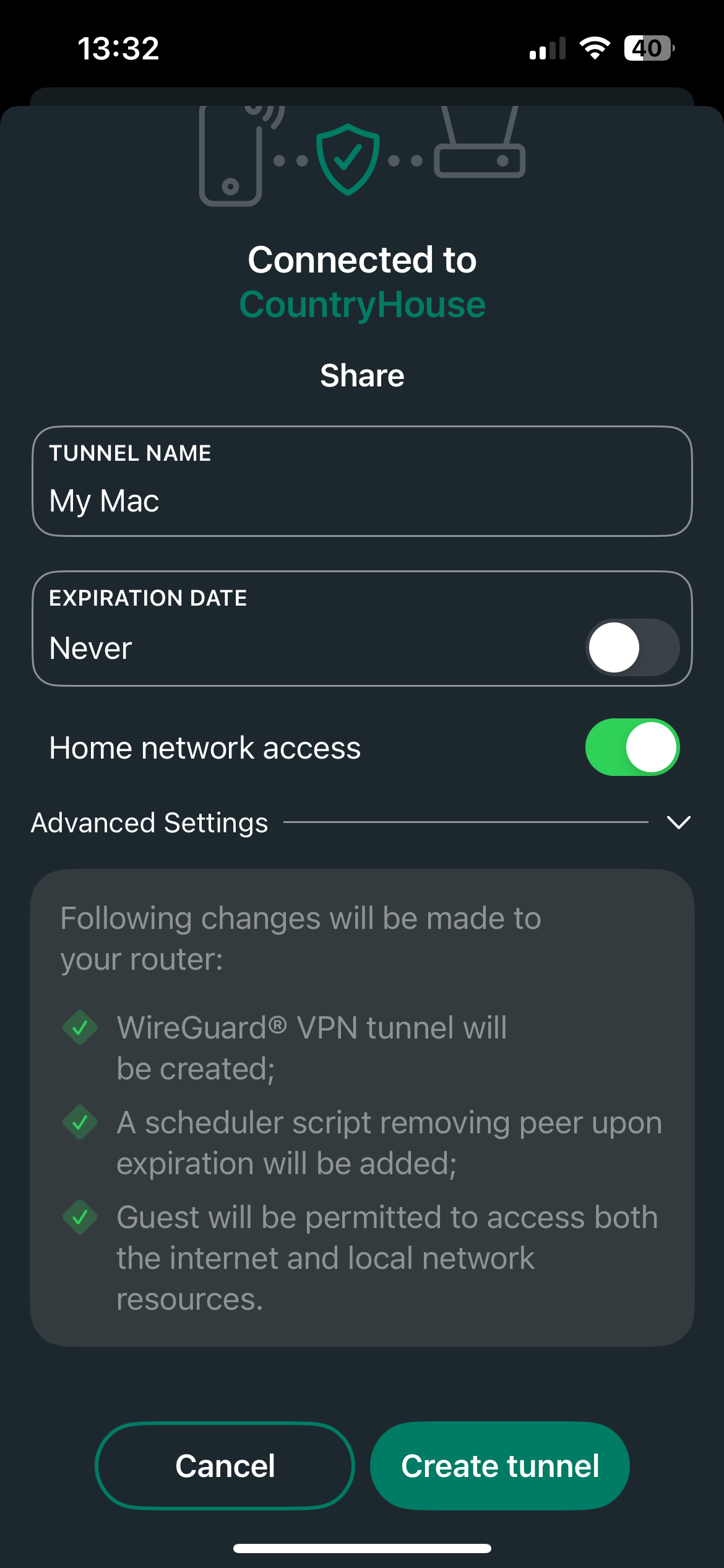 Share form for a computer with no expiration date and home network access