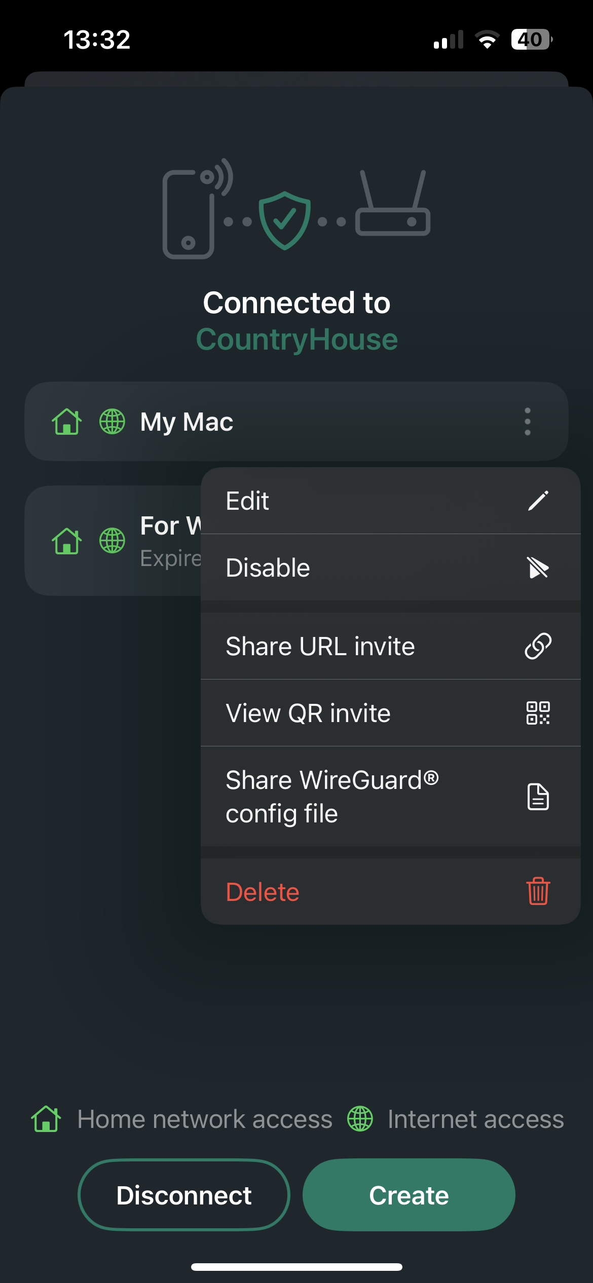 Share menu with the Share URL invite, View QR invite and Share WireGuard config file items