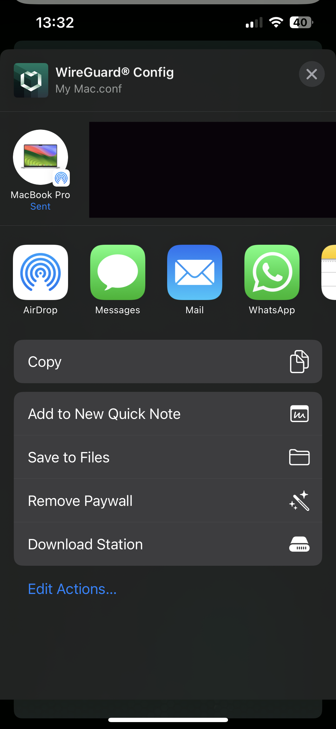 Phone share sheet for the WireGuard configuration file
