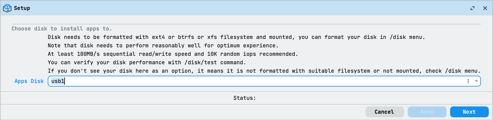 WinBox App setup wizard with usb1 selected as the Apps Disk.