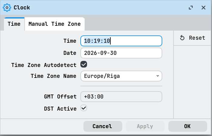 WinBox Clock Time tab with time zone and clock status settings