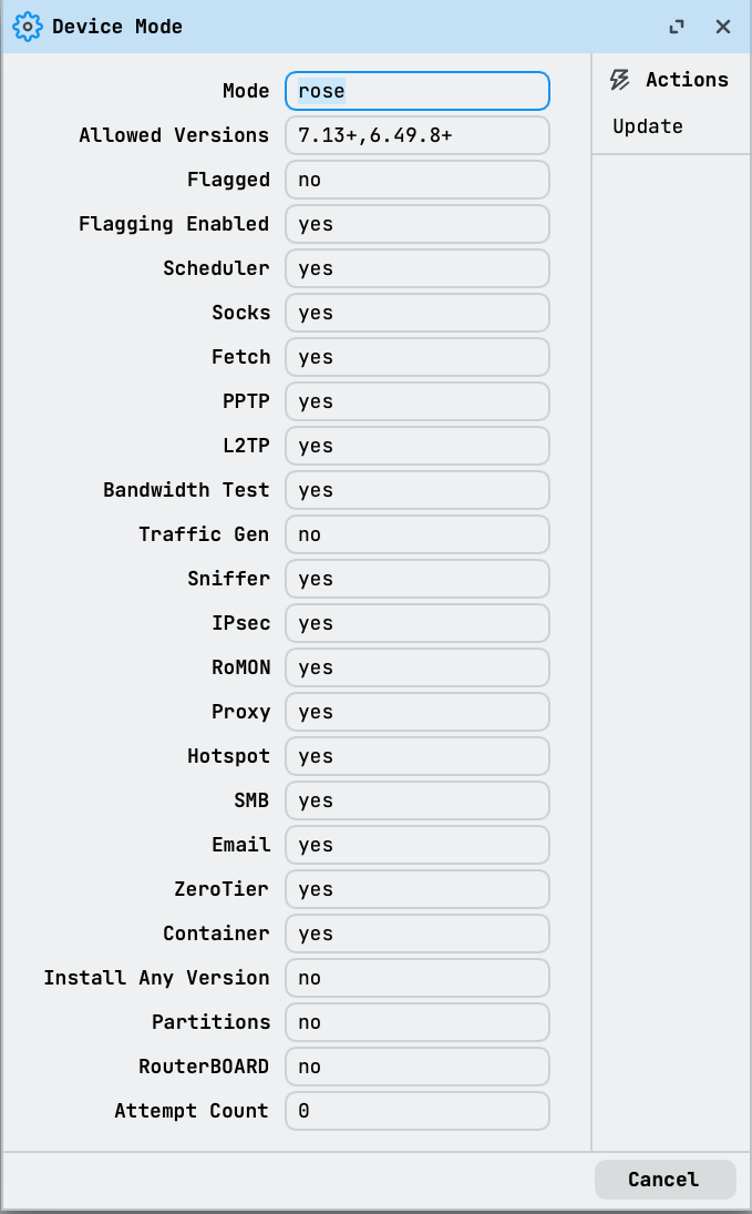 WinBox Device Mode overview with the current mode and per-tool restrictions