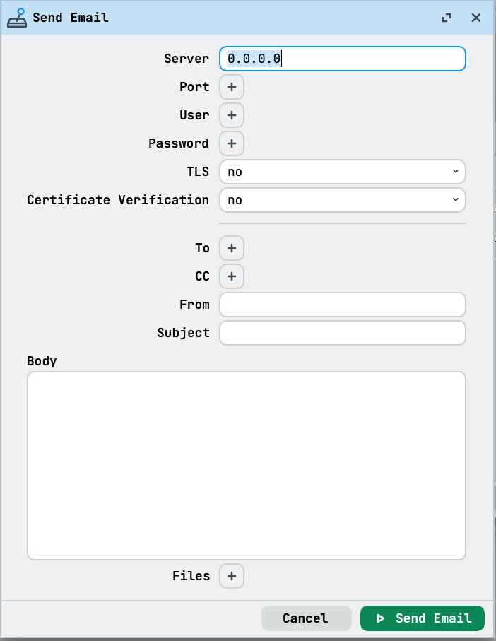 WinBox Send Email dialog with recipient, subject, body, and attachments