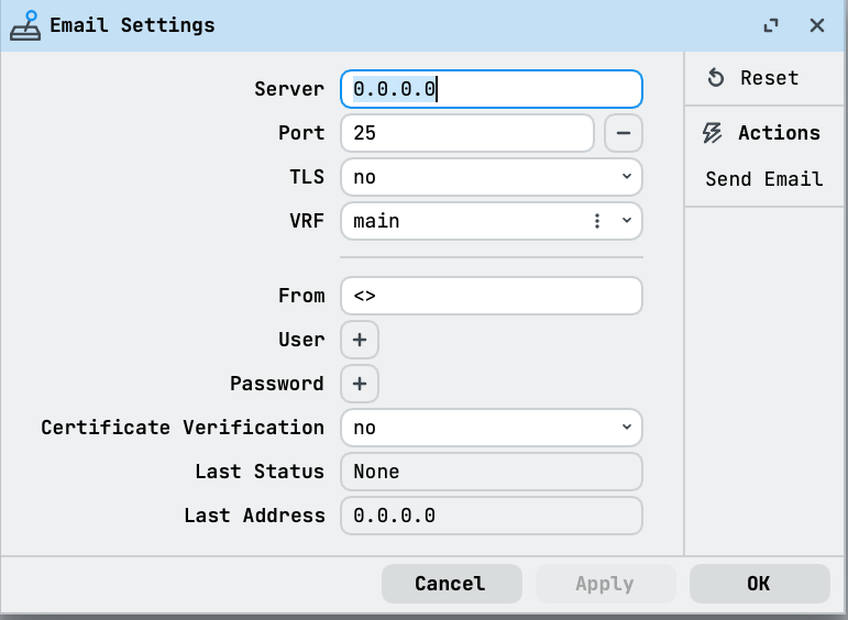 WinBox Email Settings dialog for the SMTP connection