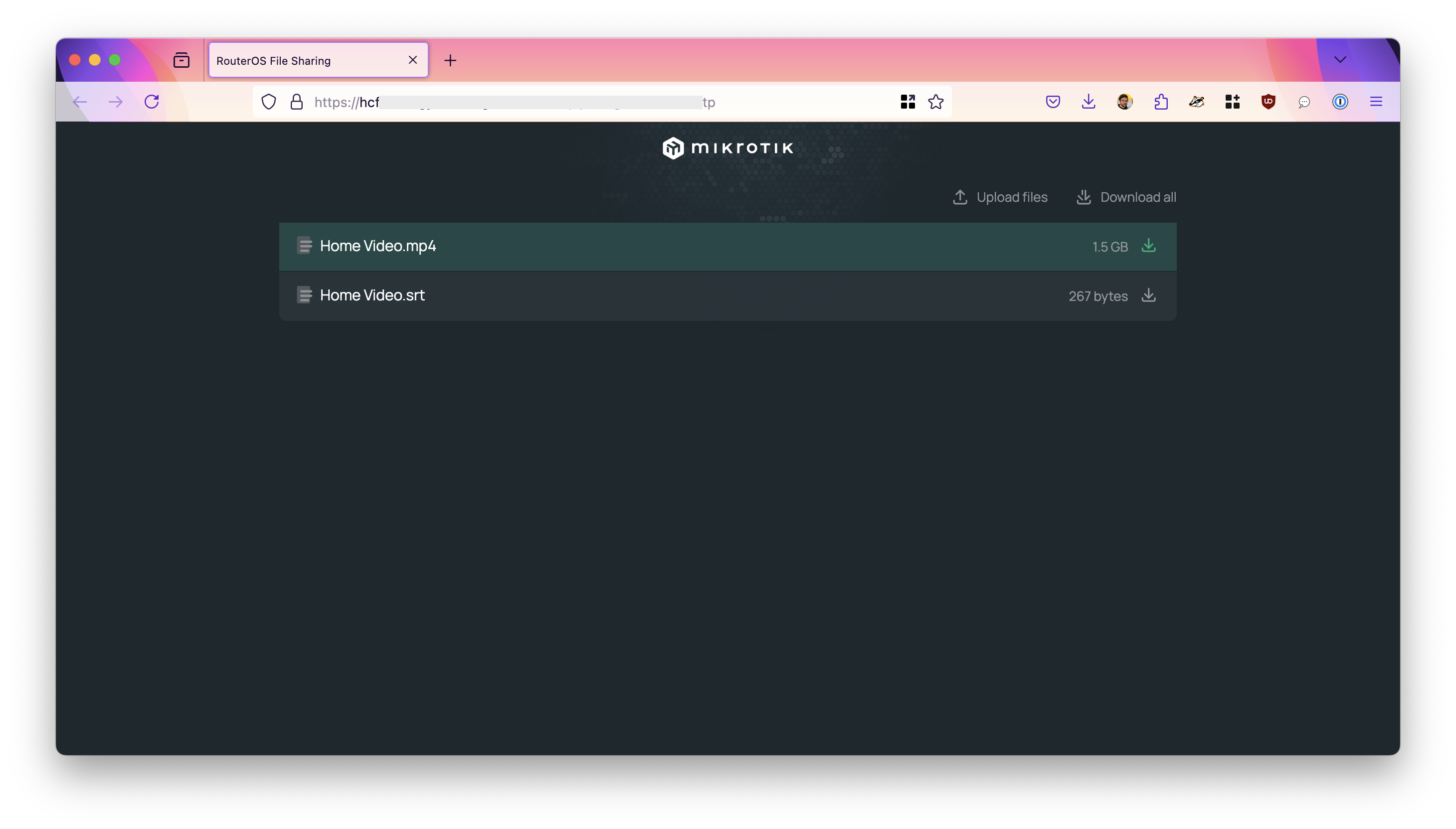 Shared directory in a web browser with the Upload files and Download all buttons