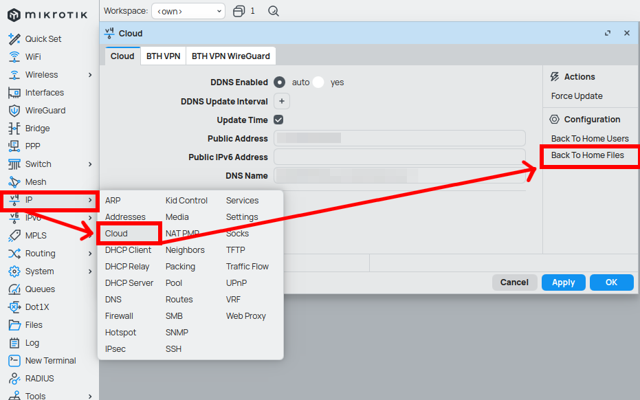 WinBox IP Cloud window with Back To Home Files under Configuration