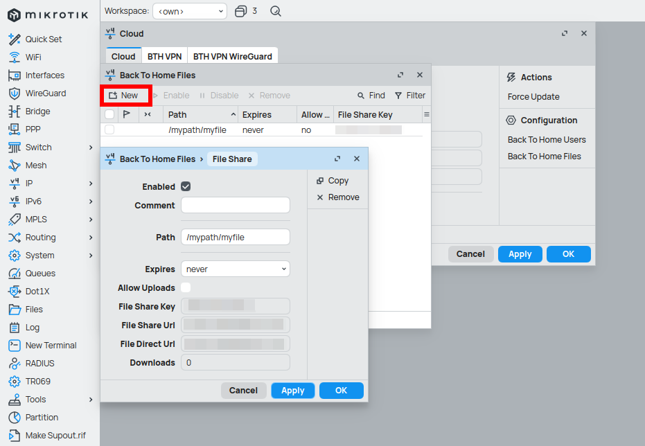 WinBox Back To Home Files list and the form for a new file share