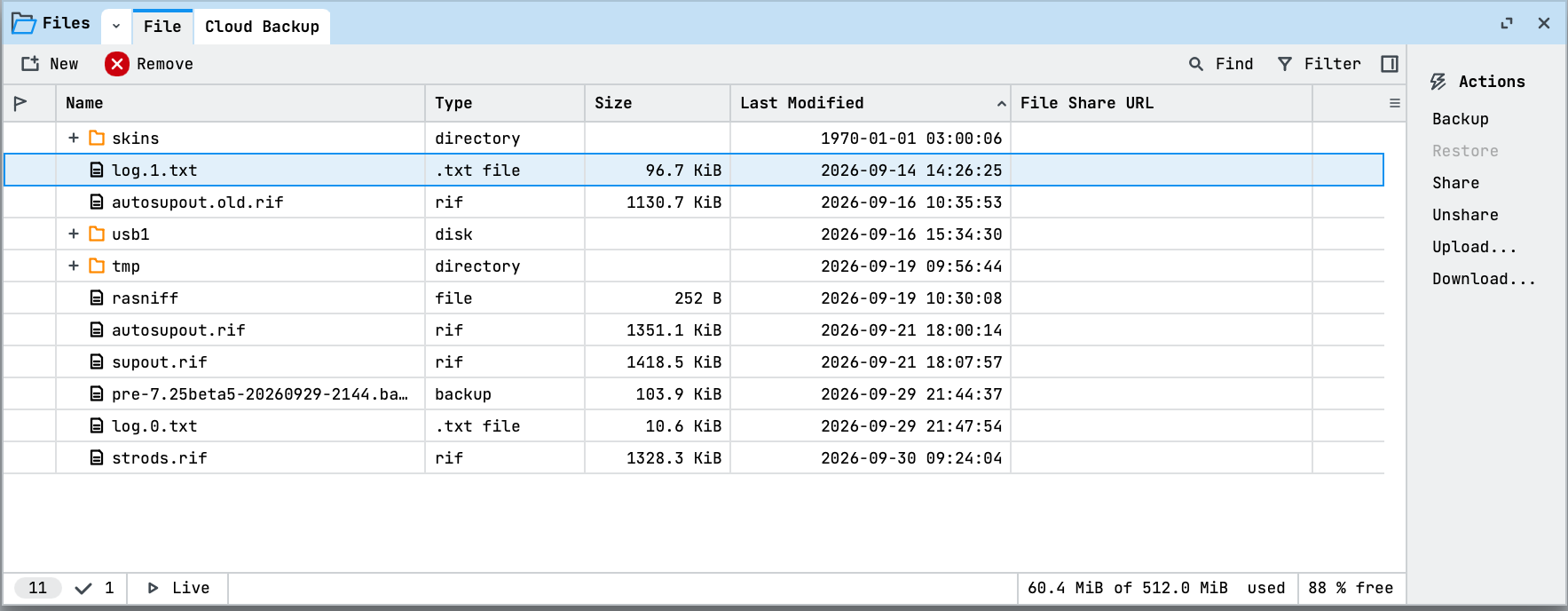 WinBox Files list with file actions and storage usage