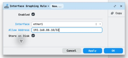 WinBox Interface Graphing Rule dialog with ether1 selected, Allow Address set to 192.168.88.10/32, and Enabled and Store on Disk selected