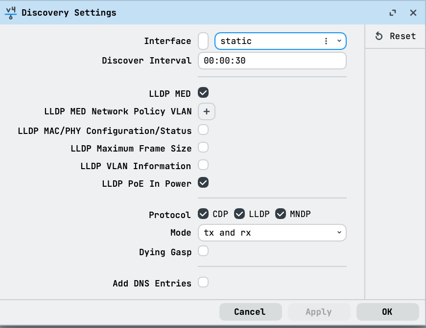 WinBox Discovery Settings dialog with interface list, protocol, and mode controls