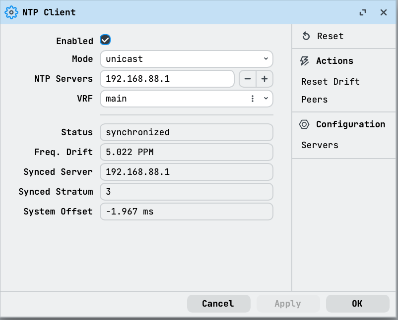 WinBox NTP Client dialog synchronized to 192.168.88.1