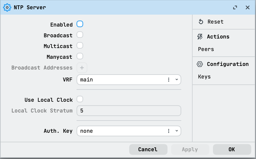 WinBox NTP Server dialog with local clock fallback settings