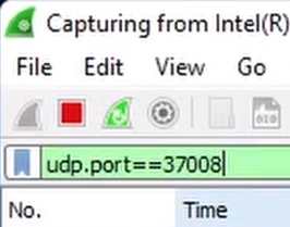 Wireshark display filter bar with the filter udp.port==37008