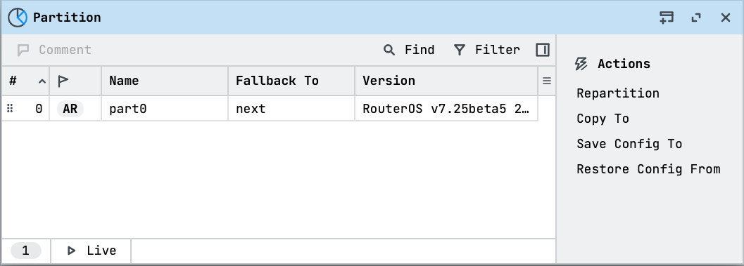 WinBox Partition overview with partition details and available actions