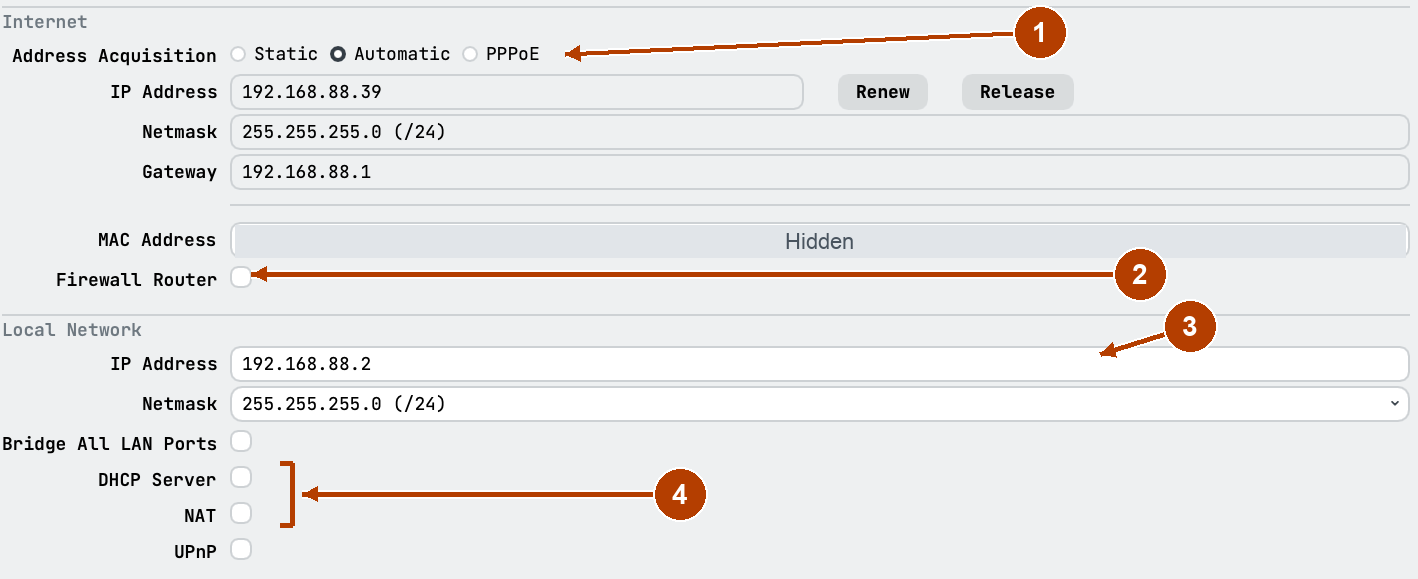 WinBox Quick Set Internet and Local Network settings with arrows to Address Acquisition, Firewall Router, the LAN IP address, and DHCP Server and NAT