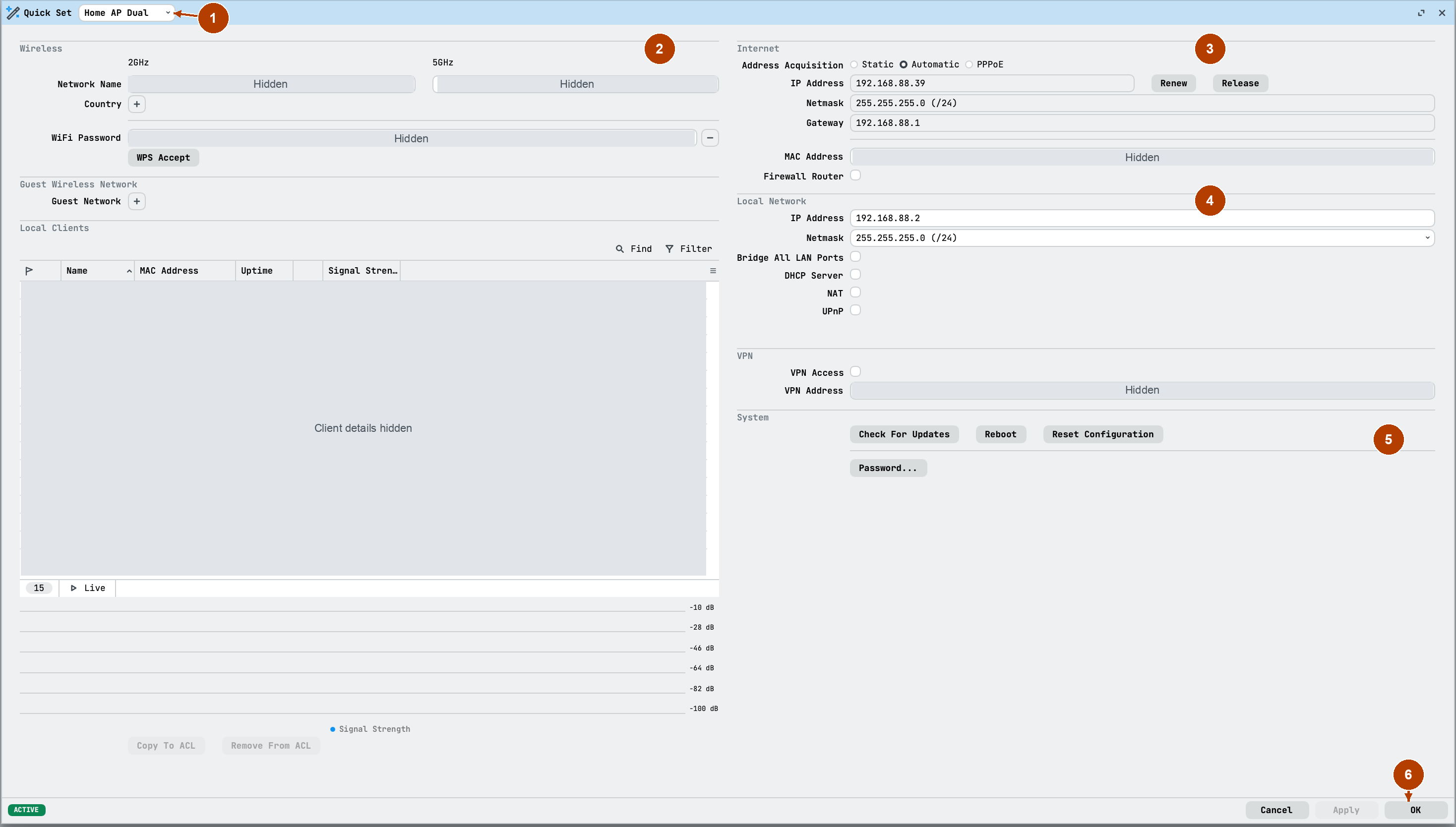 WinBox Quick Set overview with numbered callouts for the mode, wireless settings, internet settings, local network, system controls, and save buttons