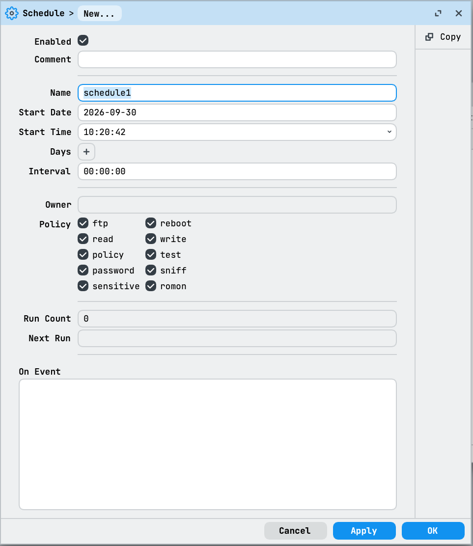 WinBox new Scheduler entry with schedule fields, Policy permissions, and On Event commands