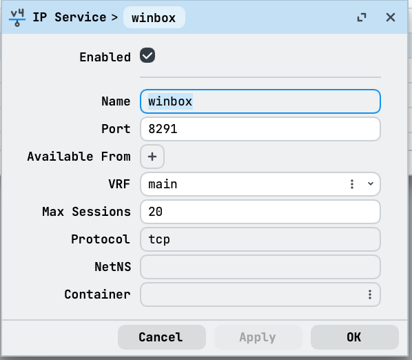 WinBox IP Service dialog for the winbox service