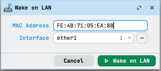 WinBox Wake on LAN dialog with target MAC Address and outgoing Interface
